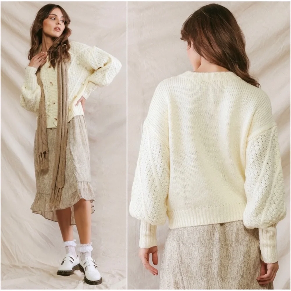 1 LEFT! Women's Cream Pom Knit Button Front Cardigan Elegant Classy Fall Sweater - Picture 3 of 3